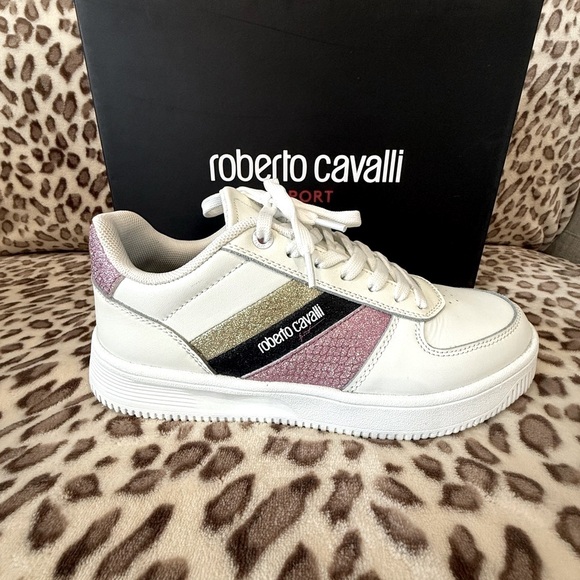 Roberto Cavalli Shoes - Roberto Cavalli Sport white Sneakers with glittery Pink and Gold Details
